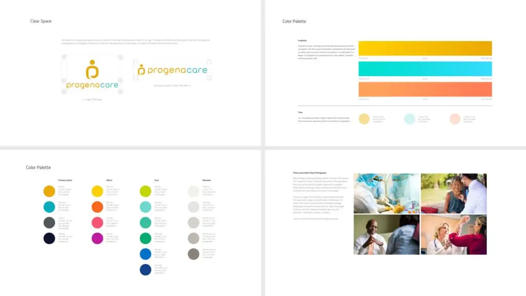 A collage of four screenshots from the ProgenaCare Global Brand Guidelines.