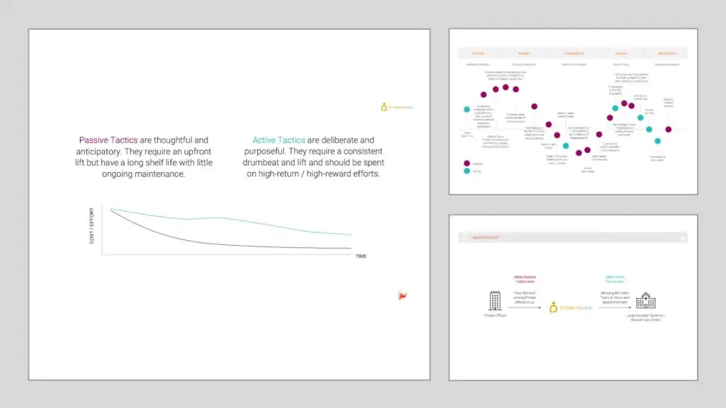 Screenshots of 3 slides from a Strategy Presentation around ProgenaCare Global's Sales initiatives.