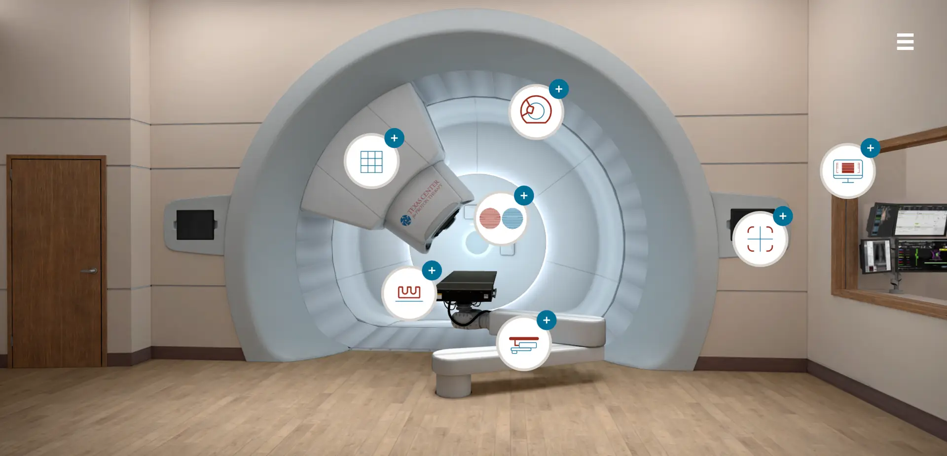 Screenshot of a website landing page that shows the treatment room at Texas Center for Proton Therapy.